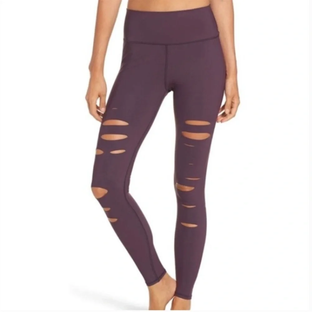 ALO YOGA HIGH-WAIST RIPPED WARRIOR Purple EGGPLANT XS